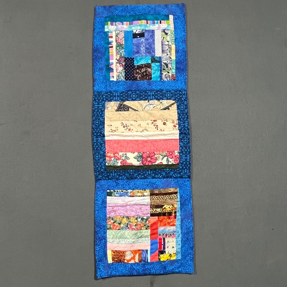 Handmade Quilted Table Runner Wall Hanging Blue Colorful Patchwork‎ Textile Art